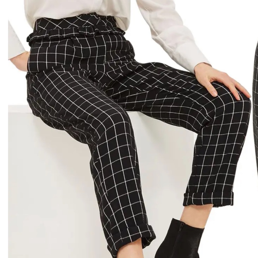 TOPSHOP | Windowpane Ruffle Mensy Peg Leg Trousers. Sz. 6P